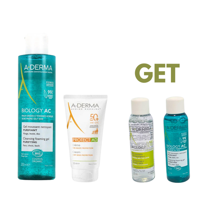 Aderma Biology ac gel moussant 200ml+ Aderma protect AD cream spf50 150ml  + Free 25ml aderma micellair & 25ml aderma biology ac gel