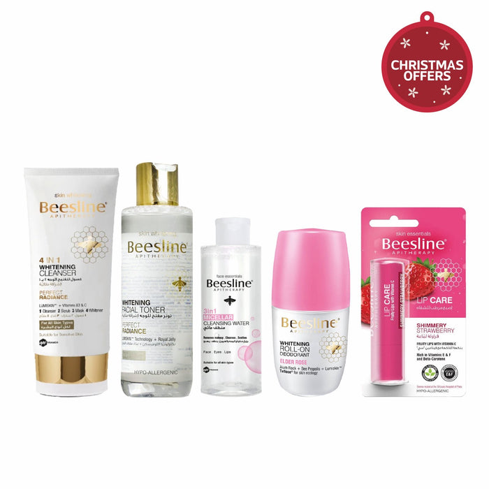 BEESLINE 4IN1 WHITENING CLEANSER 150ML+BEESLINE WHITENING FACIAL TONER 200ML +BEESLINE WHITENING ROLL ON ELDER ROSE 50ML+BEESLINE LIP CARE STRAWBERRY 4G+BEESLINE 3IN1 MICELLAR CLEANSING WATER 100ML