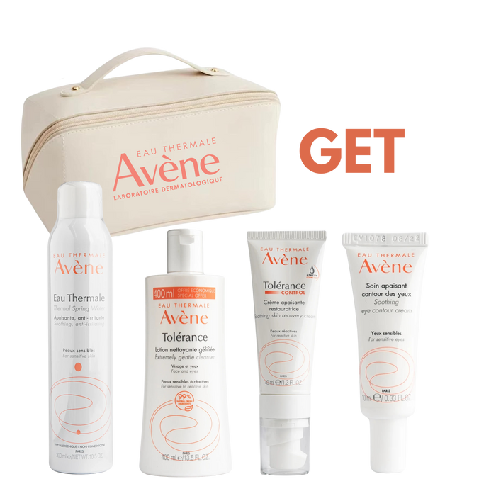 Avene eau thermal spray 300ml+ Avene Tolerance Lotion 400ml+ Avene Tolerance Cream 40ml+ Avene Soin Apaisant Yeux10ml + Free Pouch