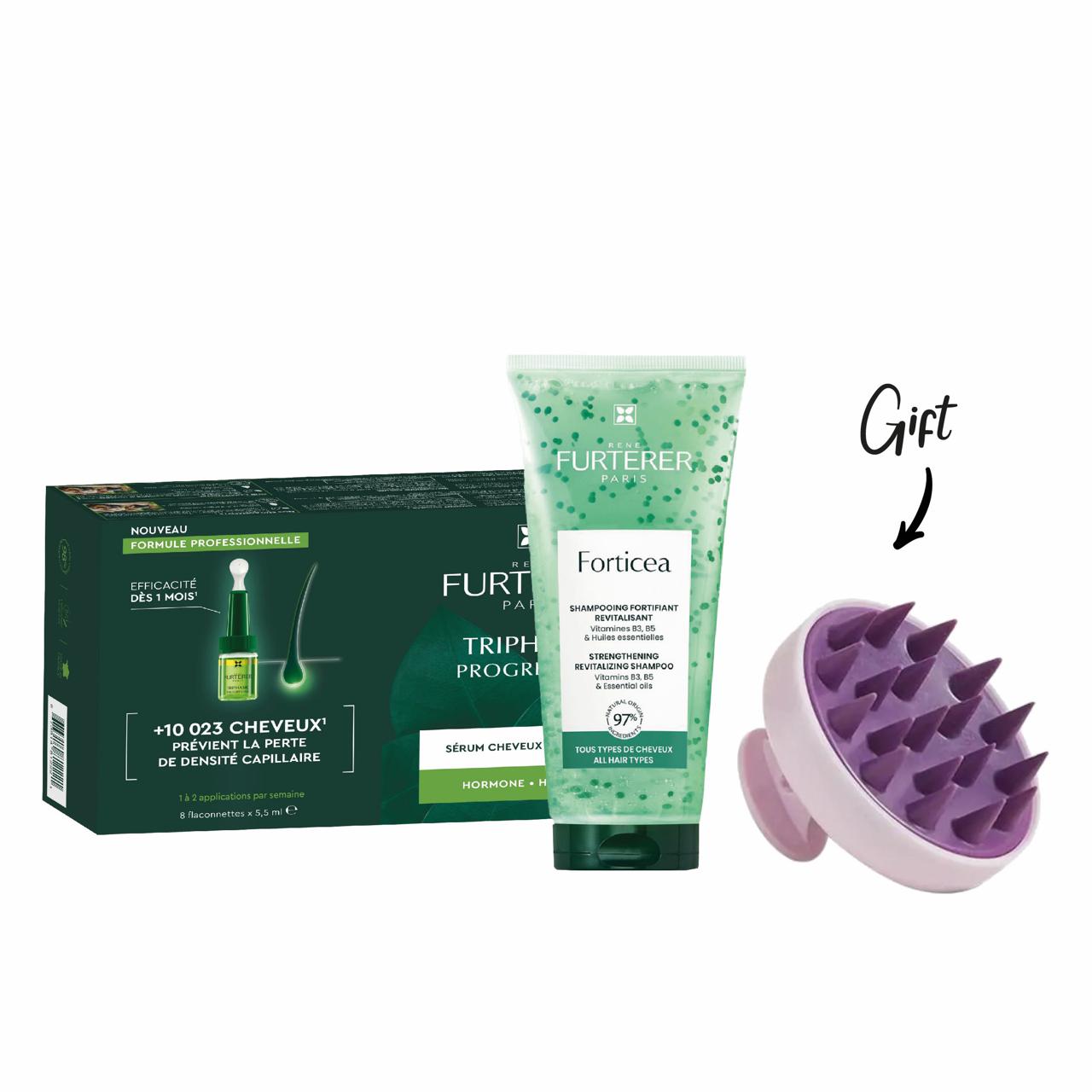 RENE FURTERER FORTICEA, STIMULATING SHAMPOO 200ML+ RENE FURTERER TRIPHASIC PROGRESSIVE ANTI-HAIR LOSS RITUAL 8 AMPOULES+ FREE SCALP MASSAGER