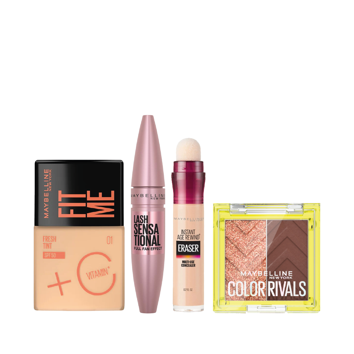 FIT ME FRESH TINT 01 SPF50  + LASH SENSATIONAL MASCARA + ERASER EYE CONCEALER LIGHT 01 + COLOR RIVAL SPICY SUAVE