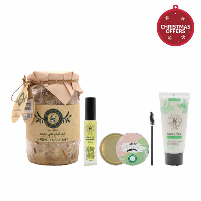 KHAN AL SABOUN GREEN TEA SEA SALT +GREEN TEA AND LEMON GRASS BODY OIL 40 ML + GREEN TEA BODY LOTION 60ML + CLEAR EYEBROW SOAP