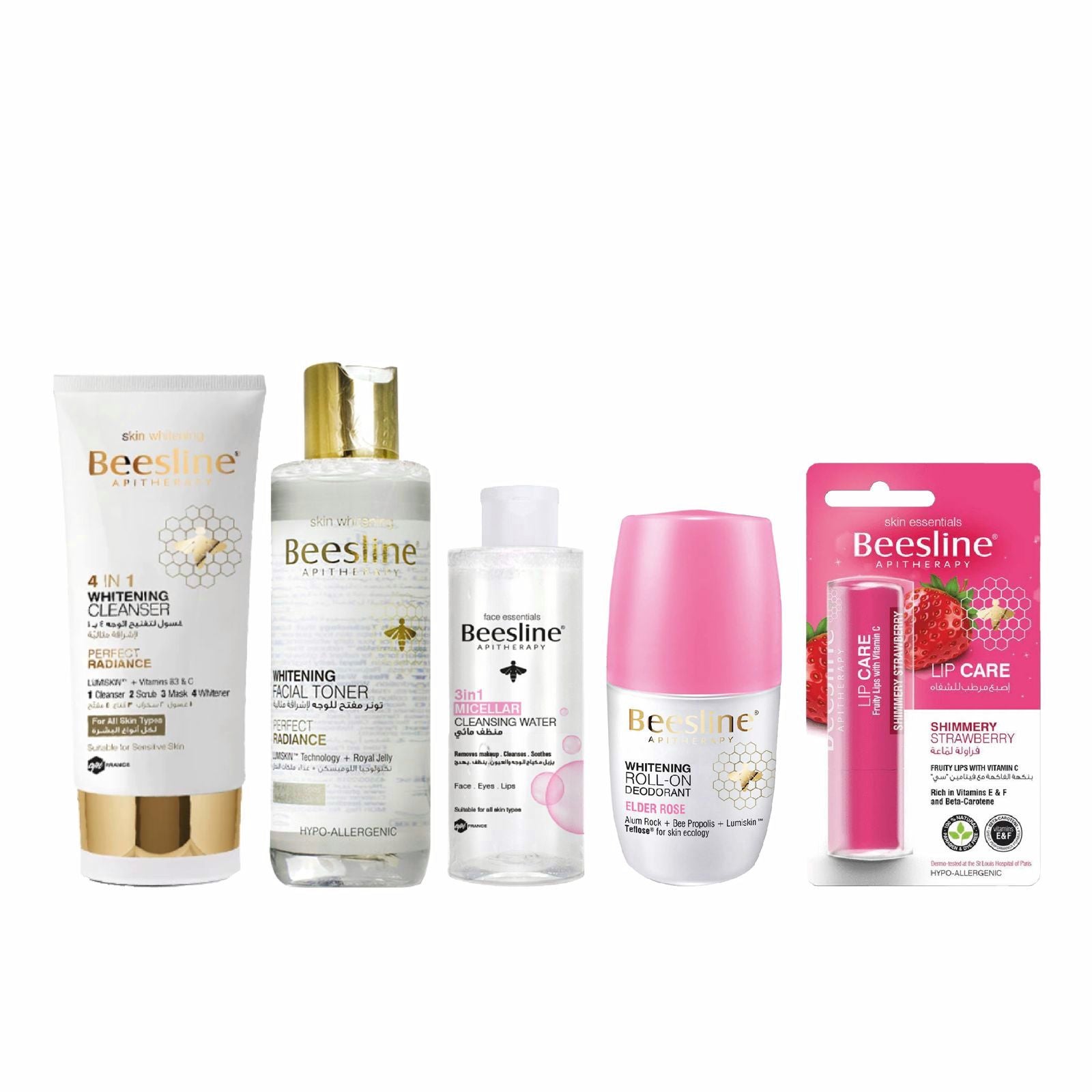 20% OFF BEESLINE 4 IN 1 WHITENING CLEANSER 150ML+BEESLINE WHITENING FACIAL TONER 200ML +BEESLINE WHITENING ROLL ON ELDER ROSE 50ML+BEESLINE LIP CARE STRAWBERRY 4G+BEESLINE 3IN1 MICELLAR CLEANSING WATER 100ML