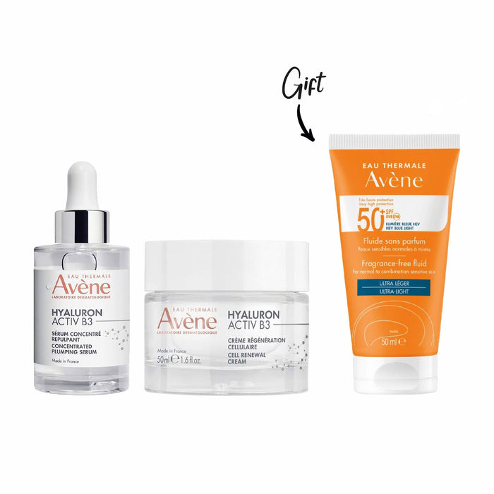 Avene Hyaluron Active B3 Serum 30ml + Avene Hyaluron Active B3 Cell Renewal cream 50ml + FREE Avene Sun fluid SpF 50+ 50ml