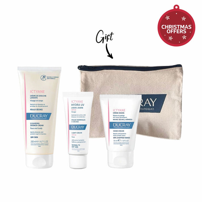 DUCRAY ICTYANE CREAM LAVANTE 200ML + DUCRAY ICTYANE HYDRA UV CREAM 40ML + DUCRAY ICTYANE HAND CREAM +FREE DUCRAY POUCH