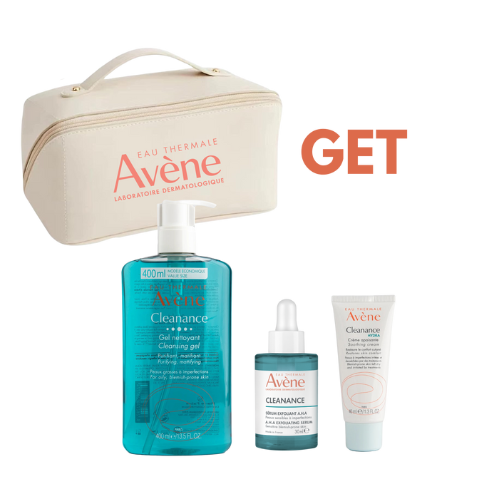 Avene cleanance gel 400ml + Avene cleanance serum 30ml+ Avene cleanance hydra cream 40ml+ Free Pouch