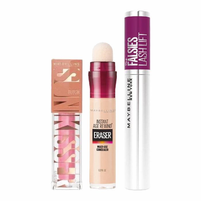 MAYBELLINE SUN KISSER LIQUID BLUSH+ MAYBELLINE INSTAND AGE REWIND ERASER DARK CIRCLES TREATMENT,MULTI USE COONCEALER+ MAYBELLINE THE FALSIES LASH LIFT WASHABLE MASCARA