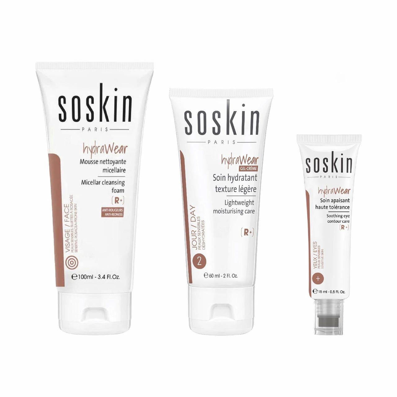 SOSKIN HYDRAWEAR GEL CREAM SOIN HYDRATANT TEXTURE LEGERE 60ML +SOSKIN HYDRAWEAR MOUSSE NETTOYANT 100ML+ SOSKIN HYDRAWEAR EYE CREAM 15ML