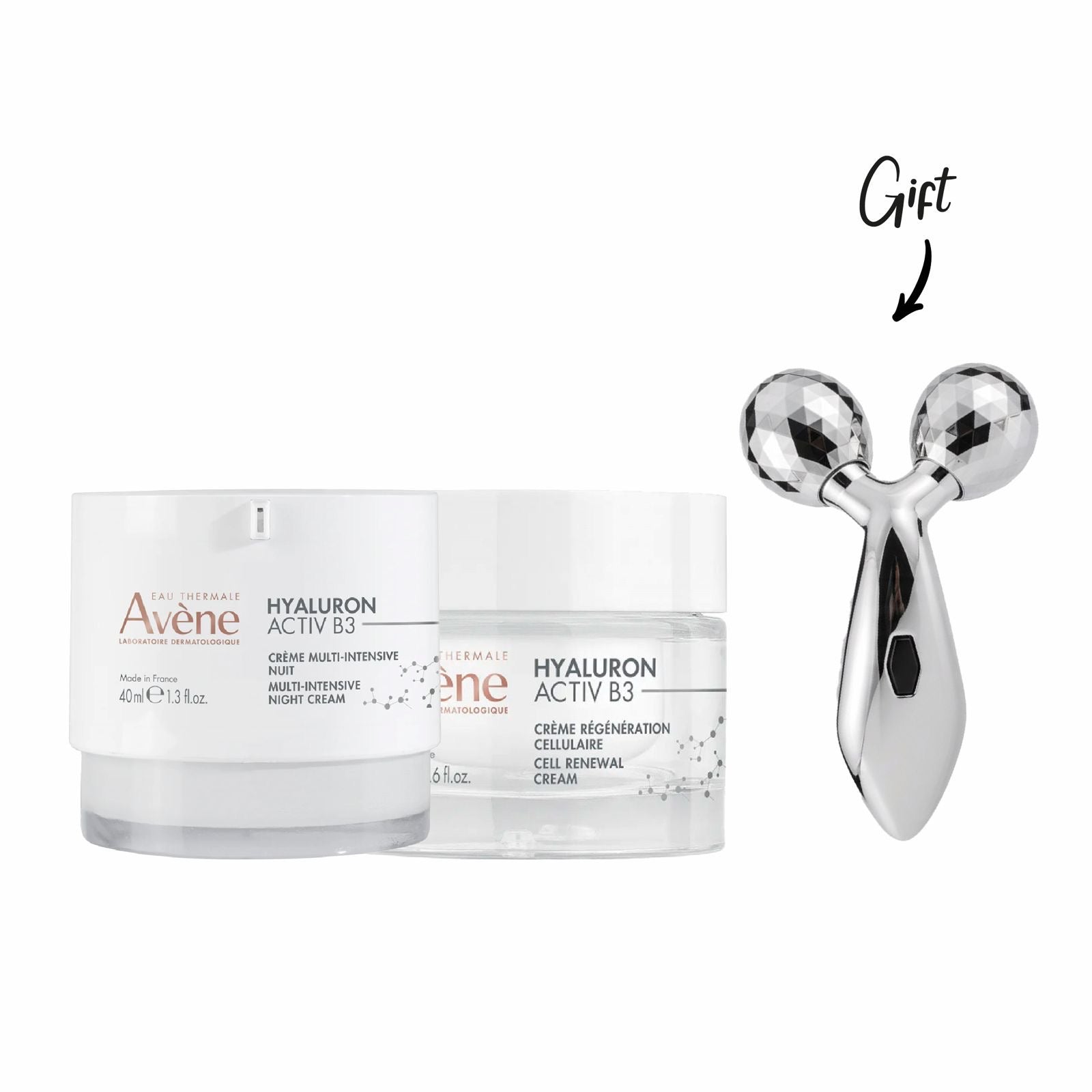 AVENE HYALURON ACTIV B3 CREME REGENERATION CELLULAIRE POT RECHARGEABLE 50ML+ AVENE HYALURON ACTIV B3 CREME MULTI-INTENSIVE NUIT 40ML+ FREE Roller