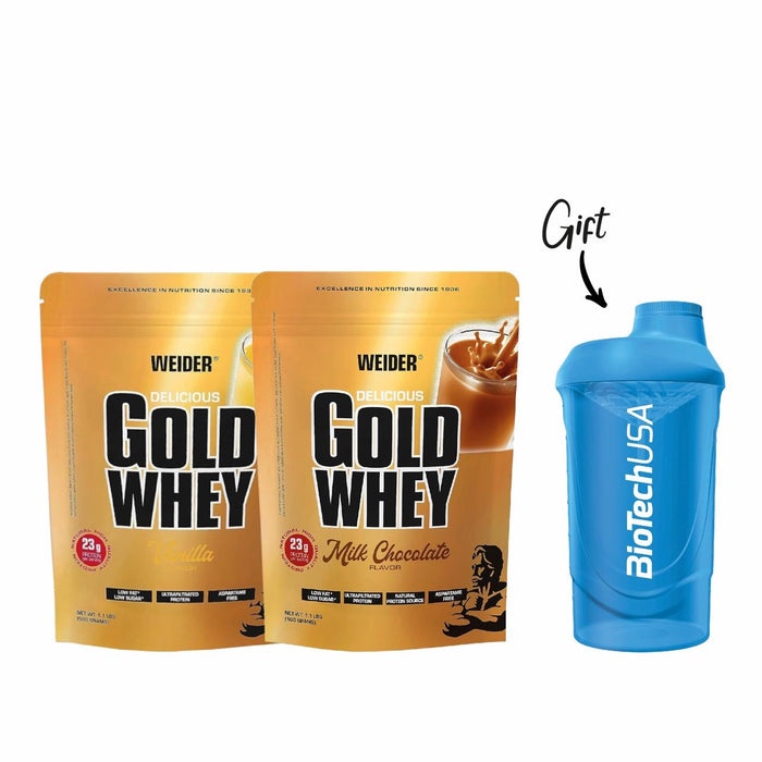 WEIDER GOLD WHEY MILK CHOCOLATE 500G + WEIDER GOLD WHEY VANILLA 500G + FREE WEIDER SHAKER