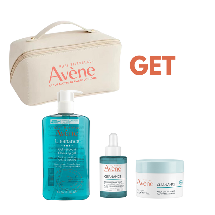 Avene cleanance gel 400ml + Avene cleanance serum 30ml+ Avene cleanance aquagel 50ml+ Free Pouch