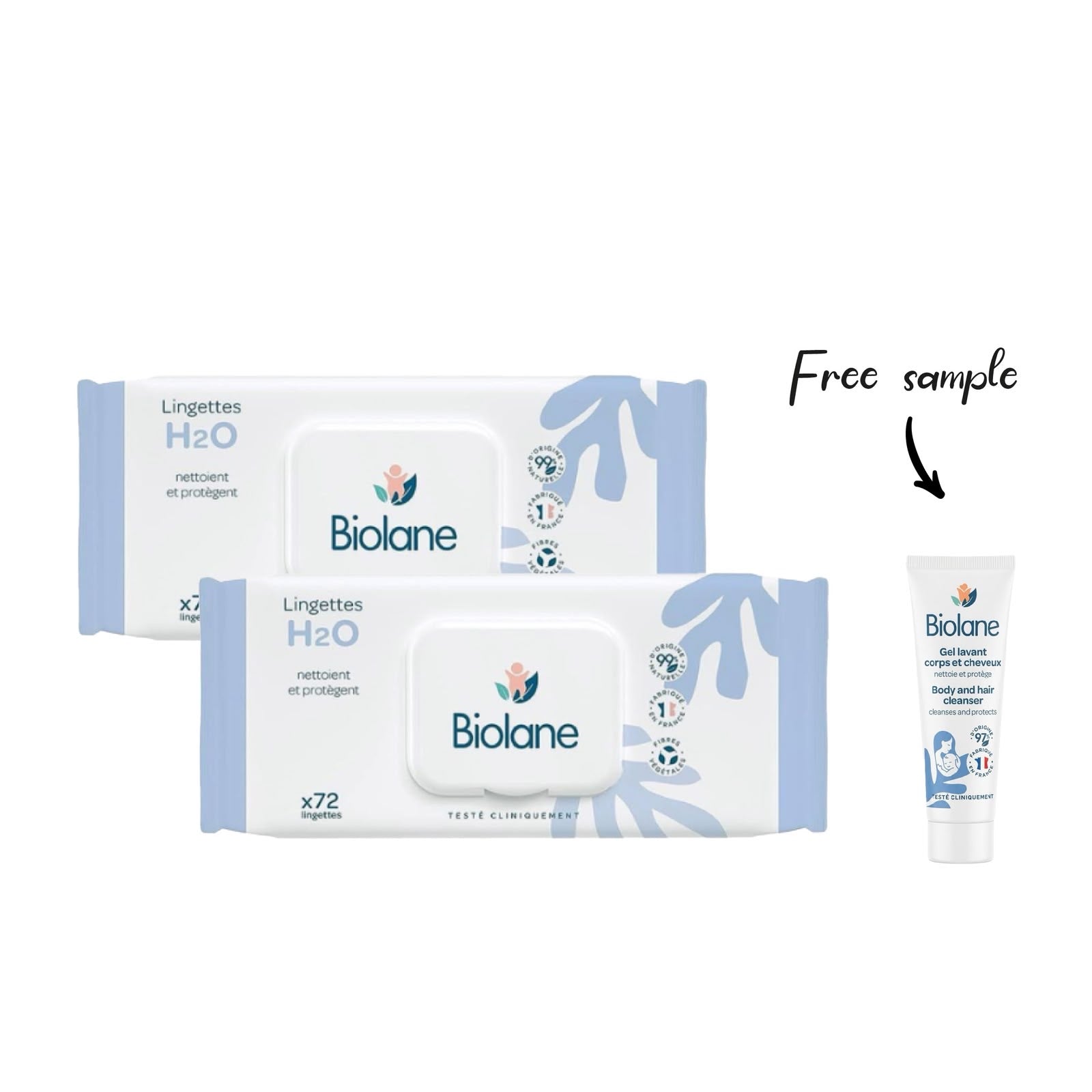 2x Biolane H2O Wipes 72s plus free sample