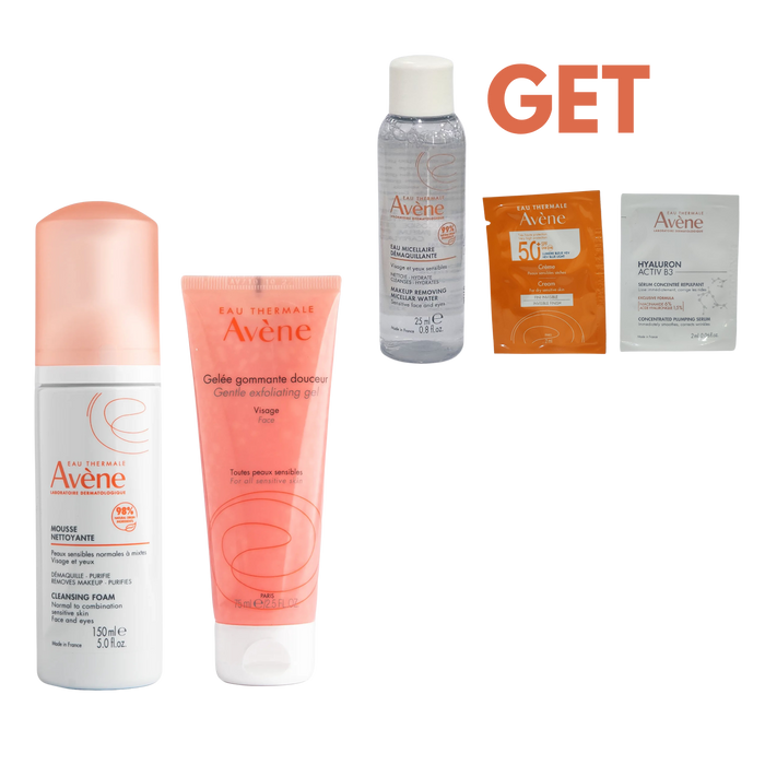 Avene Mousse Nettoyante 150ml+ Avene Gommage doux purifiant 75ml+ Free gift samples