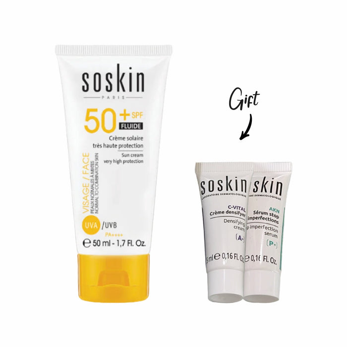 SOSKIN ECRAN SUN FLUID SPF 50+ 50ML plus FREE SOSKIN C-VITAL DENSIFYING CREAM 5ML & FREE SOSKIN AKN SERUM 5ML