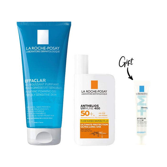 LA ROCHE-POSAY EFFACLER GEL 200ML + LA ROCHE-POSAY ANTHELIOS UVMUNE FLUID SPF50+ 40ML + FREE LA ROCHE-POSAY EFFACLER DUO+ CREAM M 15ML