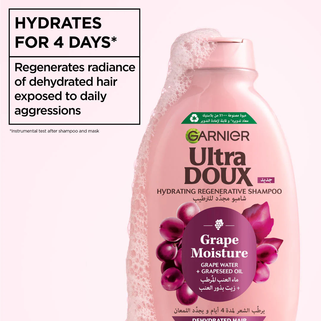 Garnier Ultra Doux Grape Moisture Hydrating Regenerative Shampoo for Dehydrated Hair With Hydrating Grape Water + Antioxidant Grapeseed Oil