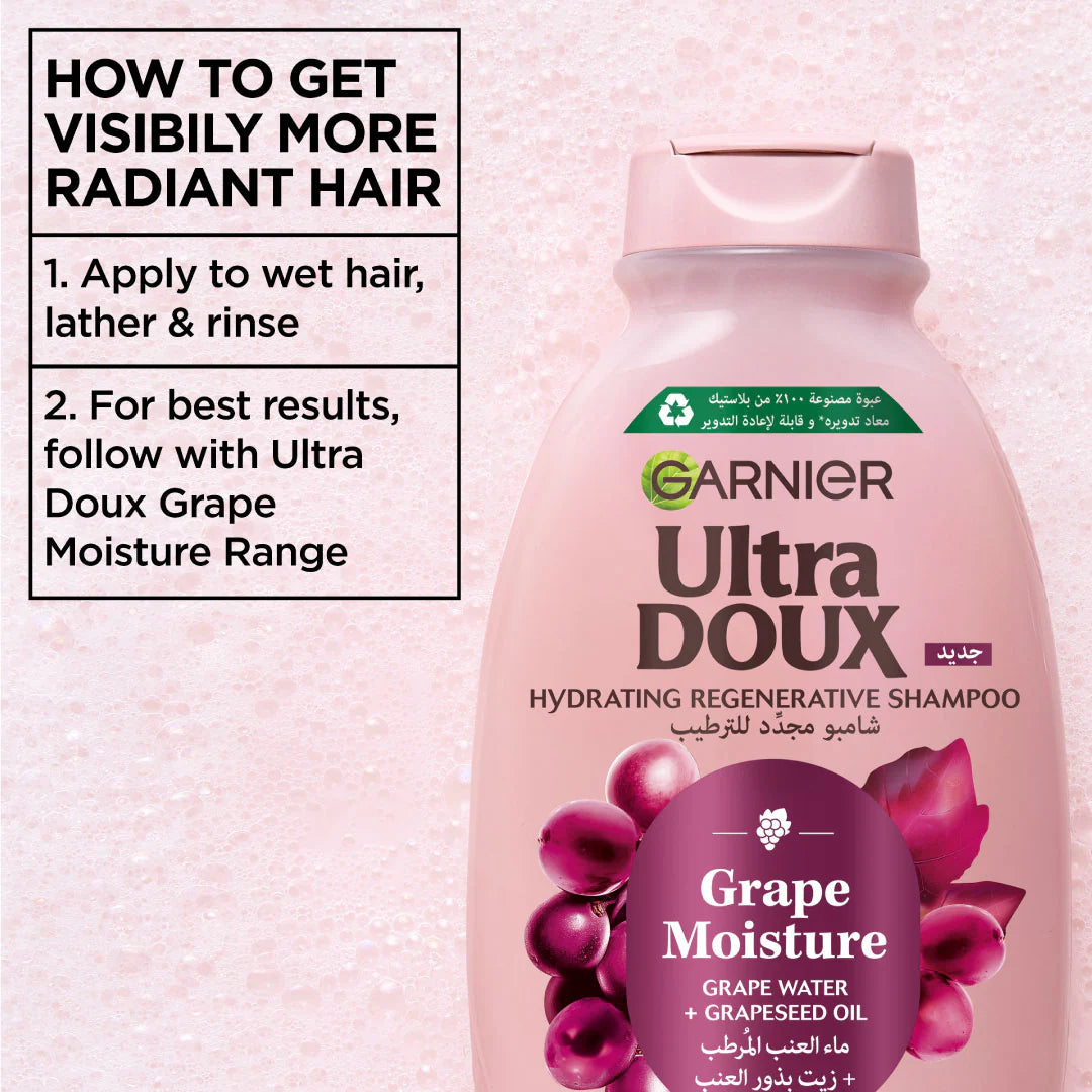 Garnier Ultra Doux Grape Moisture Hydrating Regenerative Shampoo for Dehydrated Hair With Hydrating Grape Water + Antioxidant Grapeseed Oil