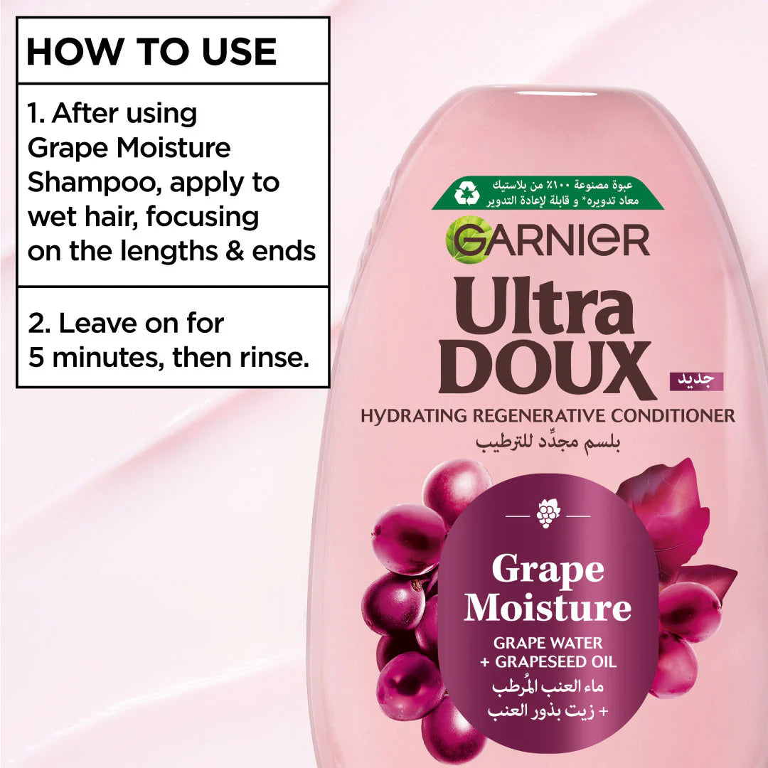 Garnier Ultra Doux Grape Moisture Hydrating Regenerative Conditioner for Dehydrated Hair With Hydrating Grape Water + Antioxidant Grapeseed Oil
