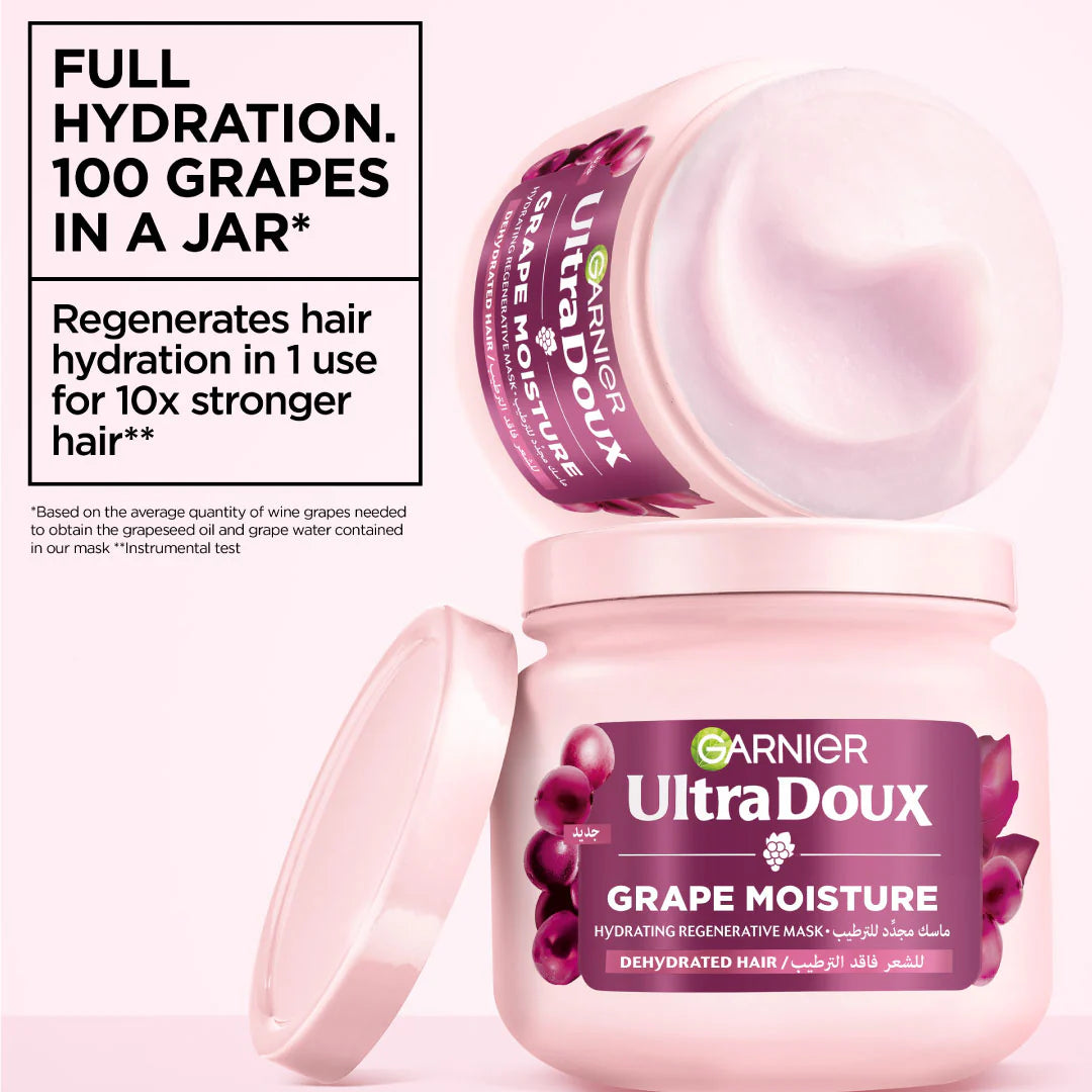 Garnier Ultra Doux Grape Moisture Deep Regenerative Mask for Dehydrated Hair With Hydrating Grape Water + Antioxidant Grapeseed Oil 200ML