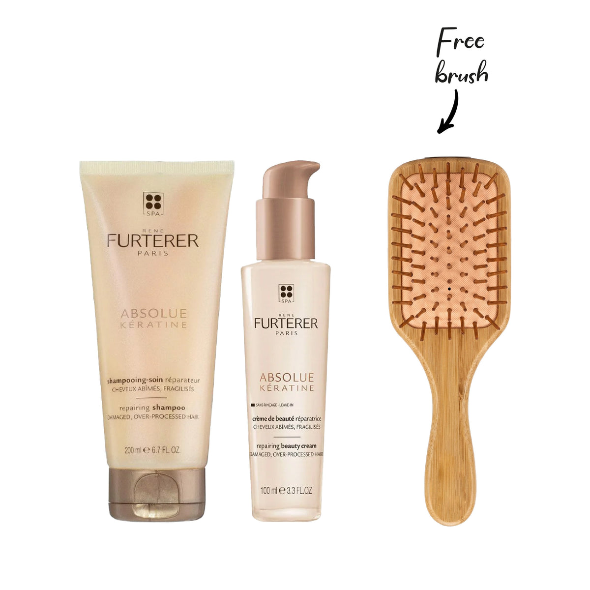 RENE FURTERER ABSOLUTE KERATIN SHAMPOO 200ML+RENE FURTERER ABSOLUTE KERATIN SUBLIME RENEWAL CREAM 100ML+FREE HAIR BRUSH GIFT