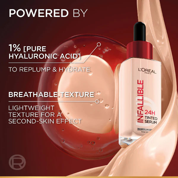 LOREAL INFALLIBLE 24H TINTED SERUM WITH 1% HYALURONIC ACID FOR RADIANT HYDRATED SKIN, LIGHT TO MEDIUM COVERAGE, 30ML