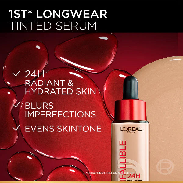 LOREAL INFALLIBLE 24H TINTED SERUM WITH 1% HYALURONIC ACID FOR RADIANT HYDRATED SKIN, LIGHT TO MEDIUM COVERAGE, 30ML