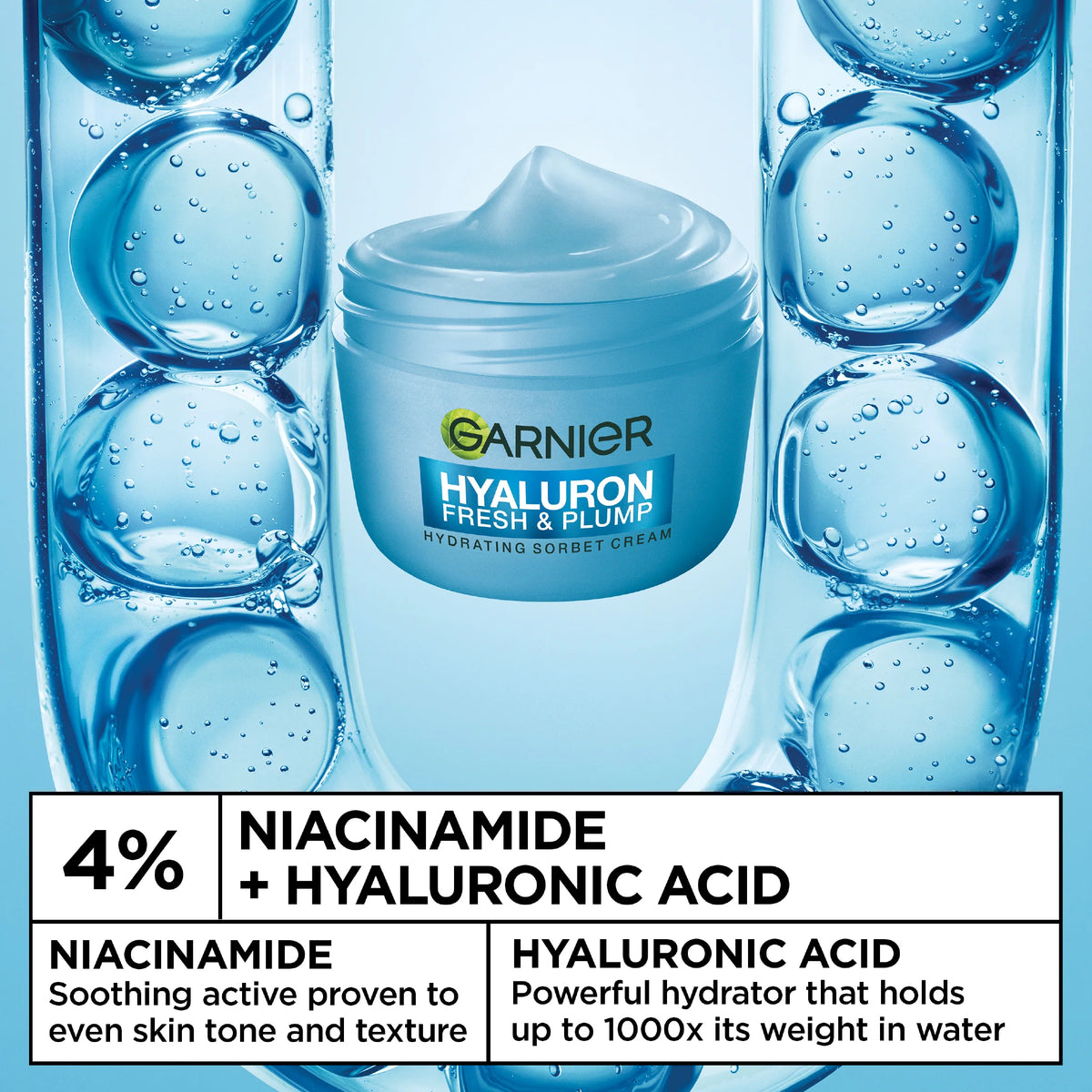 Garnier Hyaluron Fresh & Plump Cream - Hydration, 48H Oil Free - 4% [Hyaluronic Acid + Niacinamide] - Cruelty Free International & Vegan