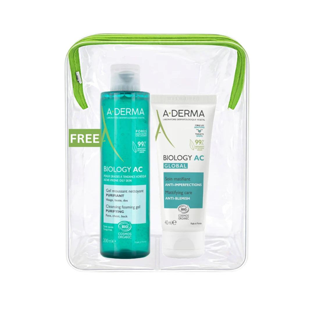 A-Derma Biology AC Mattifying Global Anti-blemish Treatment And Biology AC Purifying Foaming Gel Buy 1 Get 1 Pouch Bundle