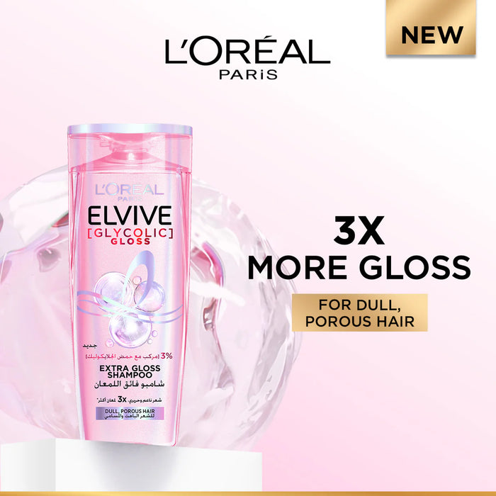 L’ORÉAL ELVIVE, GLYCOLIC GLOSS SHAMPOO, OUR FIRST AT-HOME GLOSSING TREATMENT, 3% [GLOSS COMPLEX] WITH GLYCOLIC ACID