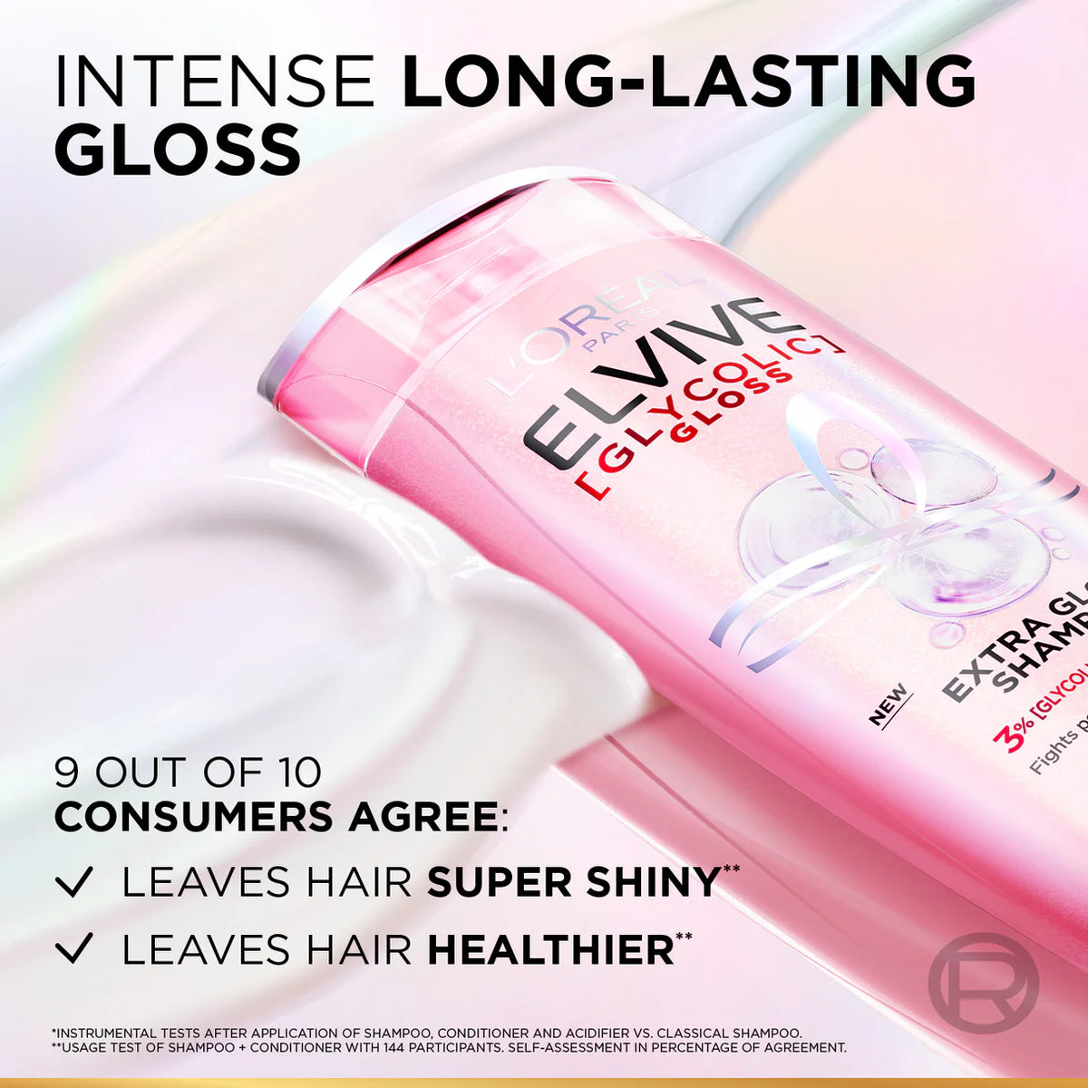 L’ORÉAL ELVIVE, GLYCOLIC GLOSS SHAMPOO, OUR FIRST AT-HOME GLOSSING TREATMENT, 3% [GLOSS COMPLEX] WITH GLYCOLIC ACID