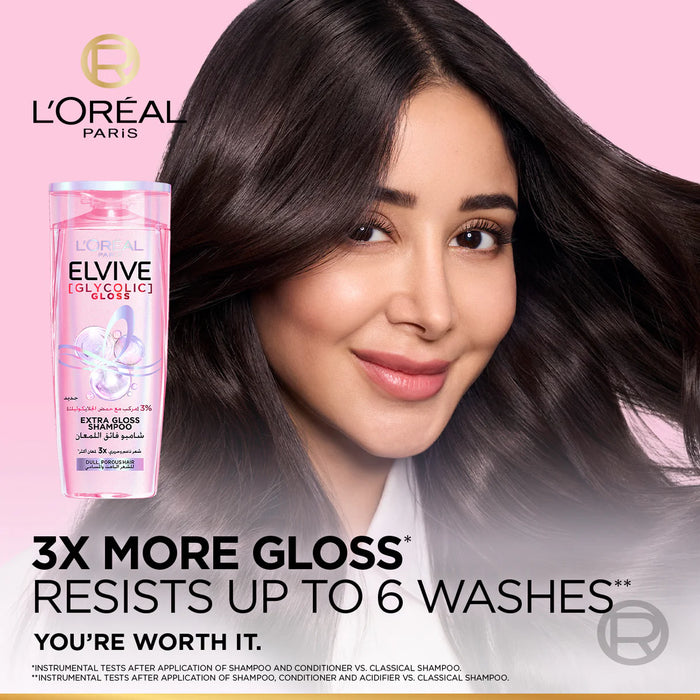 L’ORÉAL ELVIVE, GLYCOLIC GLOSS SHAMPOO, OUR FIRST AT-HOME GLOSSING TREATMENT, 3% [GLOSS COMPLEX] WITH GLYCOLIC ACID