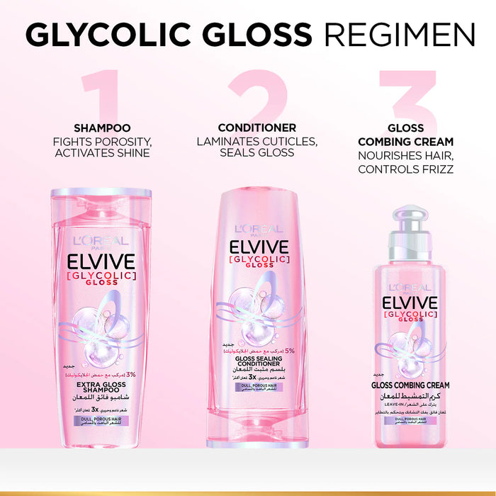L’ORÉAL ELVIVE, GLYCOLIC GLOSS SHAMPOO, OUR FIRST AT-HOME GLOSSING TREATMENT, 3% [GLOSS COMPLEX] WITH GLYCOLIC ACID