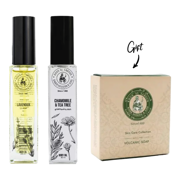 KHAN EL SABOUN BODY OIL CHAMOMILE AND TEA TREE 40ML+KHAN EL SABOUN BODY OIL LAVENDER 40ML+ FREE KHAN EL SABOUN VOLCANIC SOAP 100G