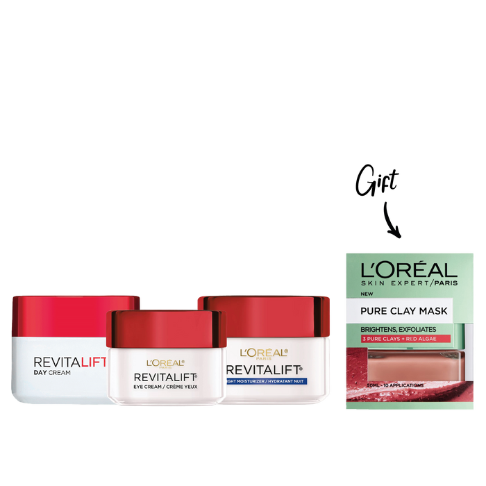 LOREAL REVITALIFT NIGHT CREAM 50ML +LOREAL REVITALIFT MOISTURIZING DAY CREAM 50ML+LOREAL REVITALIFT EYE CREAM 15ML+ FREE LOREAL PURE CLAY MASK RED 50ML