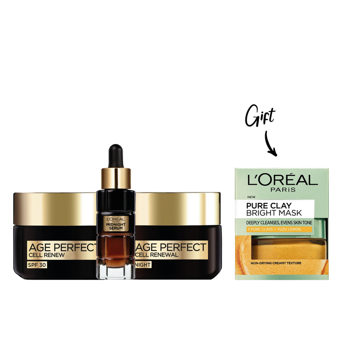 LOREAL AGE PERFECT CELL RENEW DAY CREAM SPF30 50ML+LOREAL AGE PERFECT CELL RENEW MIDNIGHT SERUM 30ML+LOREAL AGE PERFECT CELL RENEW NIGHT CREAM 50ML + FREE LOREAL PURE CLAY MASK GOLD 50ML