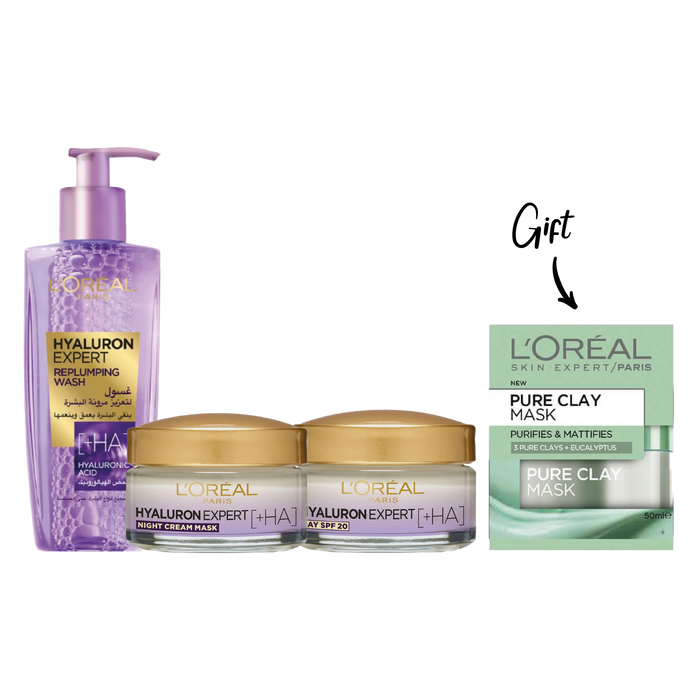 LOREAL HYALURON EXPERT DAY CREAM SPF20 50ML+LOREAL HYALURON EXPERT NIGHT CREAM MASK 50ML+LOREAL HYALURON EXPERT GEL WASH 200ML+ FREE LOREAL PURE CLAY MASK GREEN 50ML