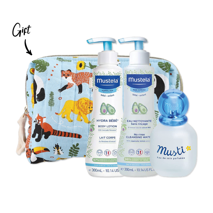 MUSTELA NORMAL SKIN HYDRA BEBE CORPS 300ML +MUSTELA MUSTI EAU DE SOIN PERFUME 50ML+MUSTELA NORMAL SKIN CLEANSING WATER 300ML+ FREE MUSTELA POUCH