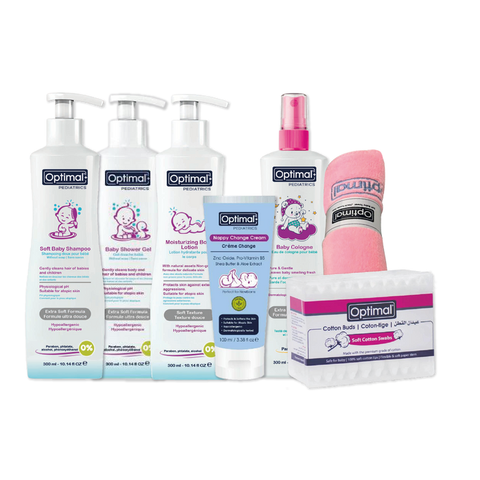 OPTIMAL SOFT BABY SHAMPOO 300ML+ OPTIMAL BABY SHOWER GEL 300ML+ OPTIMAL NAPPY CHANGE CREAM 100ML +OPTIMAL BODY LOTION 300ML+ OPTIMAL BABY COLOGNE PINK+ OPTIMAL BABY COTTON BUDS+ FREE PINK TOWEL