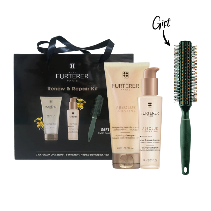 RENE FURTERER ABSOLUTE KERATIN SHAMPOO 200ML+RENE FURTERER ABSOLUTE KERATIN SUBLIME RENEWAL CREAM 100ML+FREE HAIR BRUSH GIFT