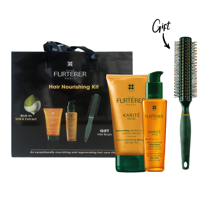 RENE FURTERER KARITE INTENSE NOURISHING SHAMPOO 150ML+ RENE FURTERER KARITE NUTRI CREME DEJOUR 100ML+ FREE HAIR BRUSH GIFT