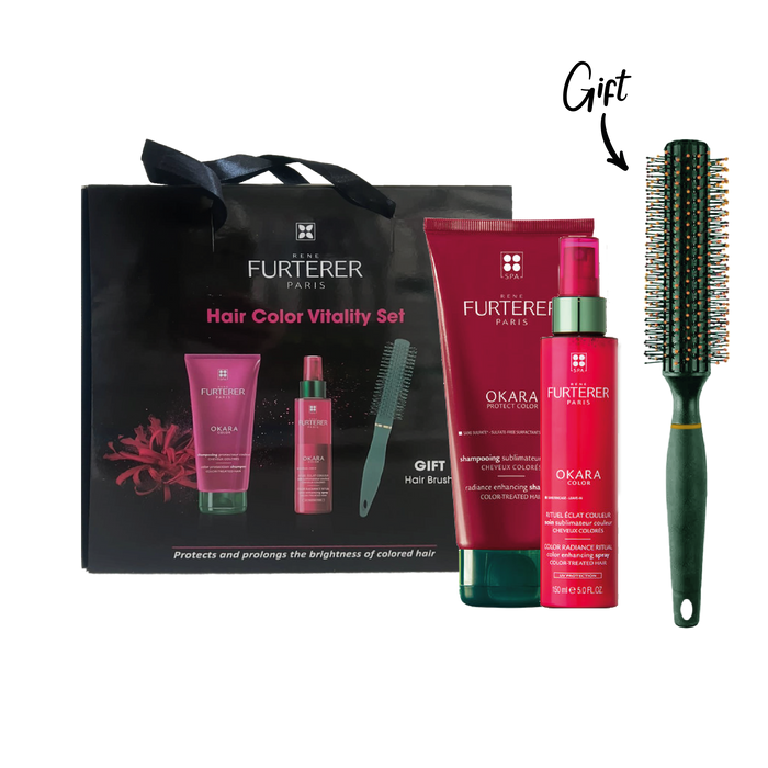 RENE FURTERER OKARA RADIANCE ENHANCING SHAMPOO 200ML + RENE FURTERER OKARA COLOR SPRAY 150ML + FREE HAIR BRUSH GIFT