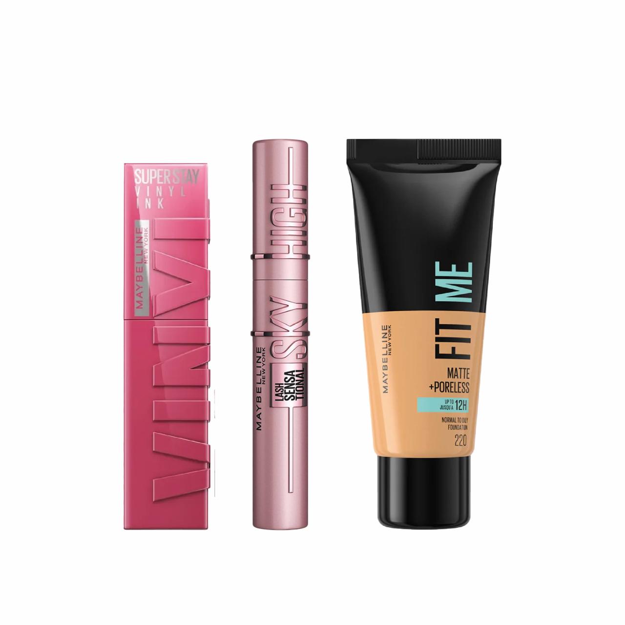 20%OFF Maybelline vinyl ink 15 Peachy+ Maybelline Mascara Sky High+Maybelline Fit Me Foundation 220