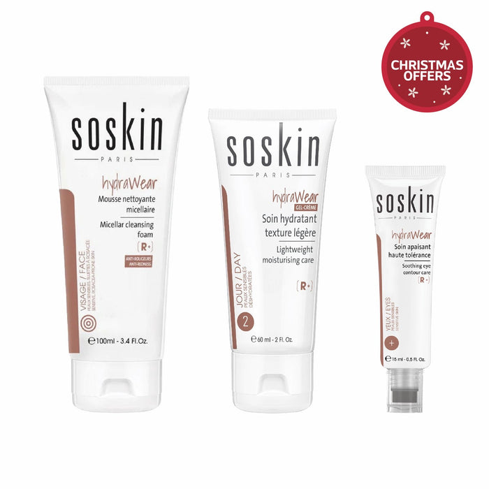 SOSKIN HYDRAWEAR GEL CREAM SOIN HYDRATANT TEXTURE LEGERE 60ML +SOSKIN HYDRAWEAR MOUSSE NETTOYANT 100ML+ SOSKIN HYDRAWEAR EYE CREAM 15ML