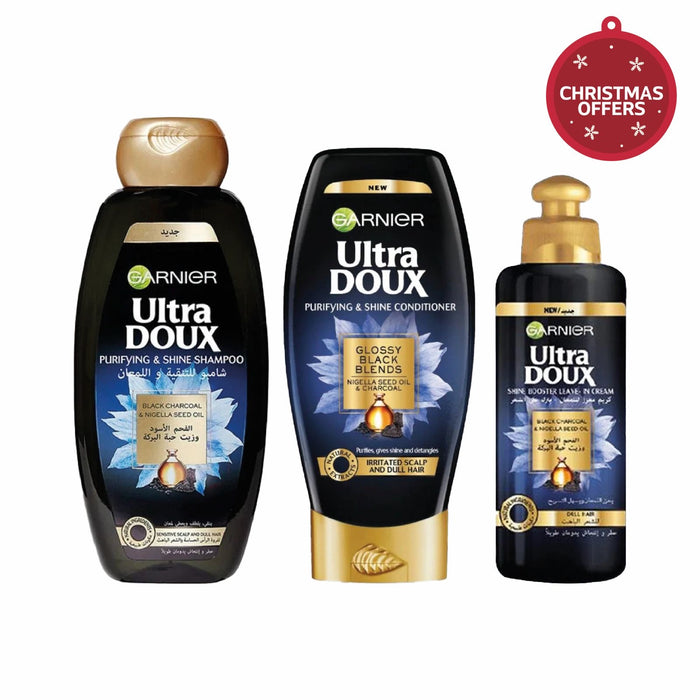 ULTRA DOUX BLACK CHARCOAL & NIGELLA SEED OIL SHAMPOO 400ML+CONDITIONER 200ML+LEAVE IN CREAM 200ML