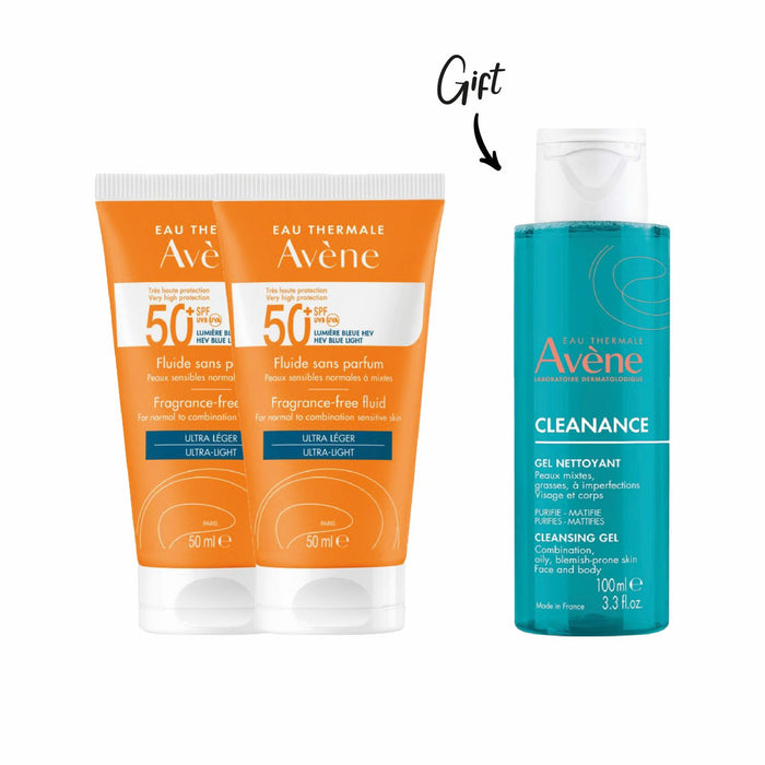 2X AVENE SUN FLUID SPF 50+ 50ML PLUS FREE AVENE CLEANANCE GEL 100ML