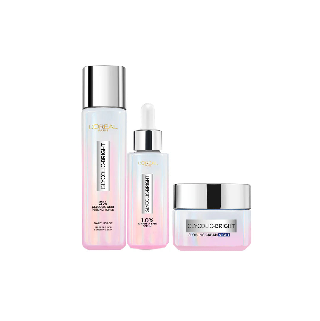 20% OFF GLYCOLIC PEELING WATER TONER + GLYCOLIC BRIGHT GLOWING NIGHT CREAM 50ML + GLYCOLIC BRIGHT INSTANT GLOWING FACE SERUM 30ML