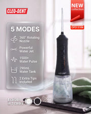 Cleo-Dent Cordless Water Flosser 290ml Oral Irrigator with 5 Modes and Extra Tips