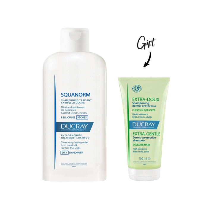 DUCRAY SQUANORM SHAMPOING PELLICULES SECHES 200 ML + FREE Ducray Extra Doux Shampoo 100ML