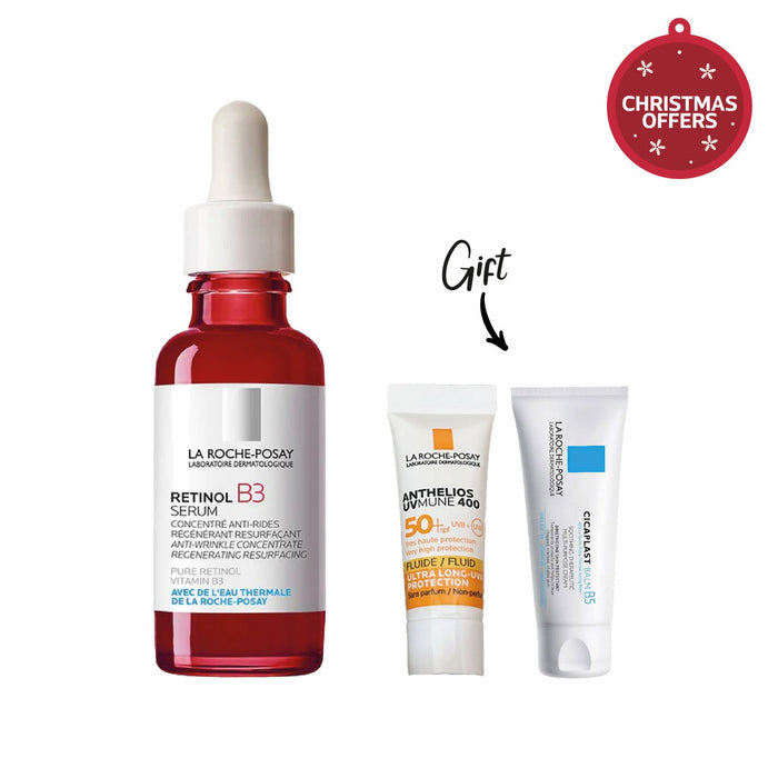 20% OFF LAROCHE POSAY RETINOL B3 SERUM 30ML + FREE LAROCHE POSAY CICAPLST BUME B5 SAMPLE+ LAROCHE POSAY ANTHELIOS UVMUNE 400 SPF50 SAMPLE