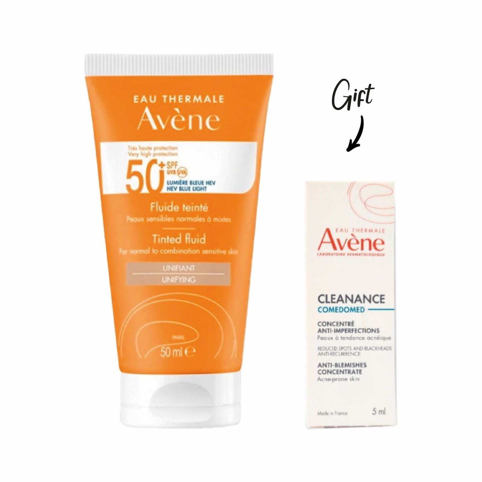 AVENE SUN FLUID SPF 50+ TINTED 50ML + FREE Cleanance Comedomed Cream Sample